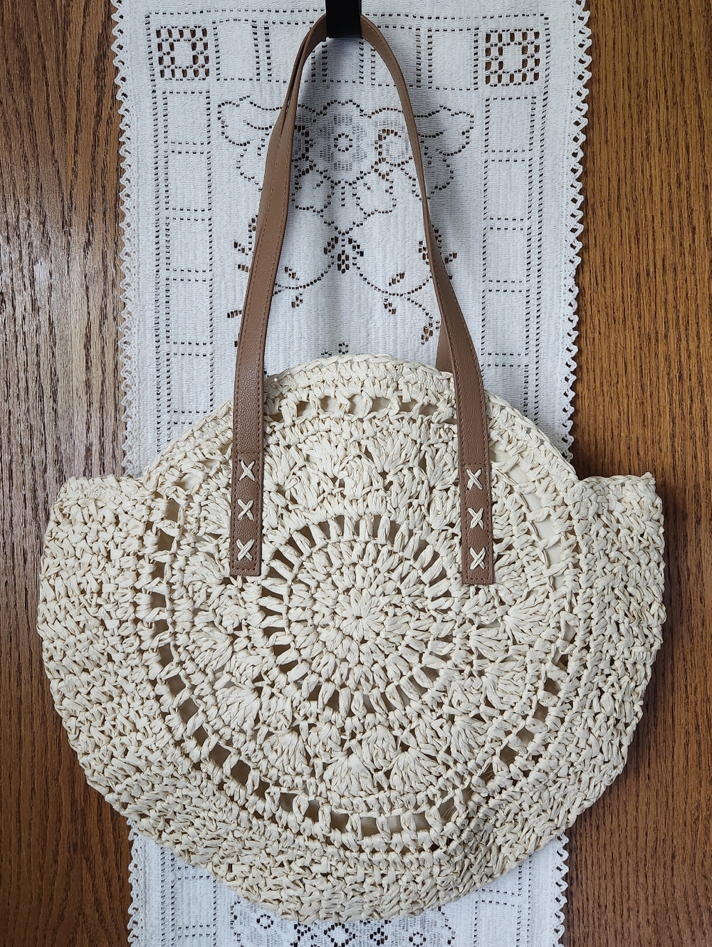 Woven Rattan Round Straw Tote Bag with Brown Handles